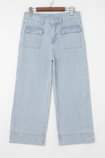 Sky Blue Stripe Button Flap Pocket Cuffed Hem Wide Leg Jeans