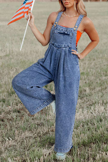 Light Blue Mineral Wash Buttoned Straps Wide Leg Denim Overalls