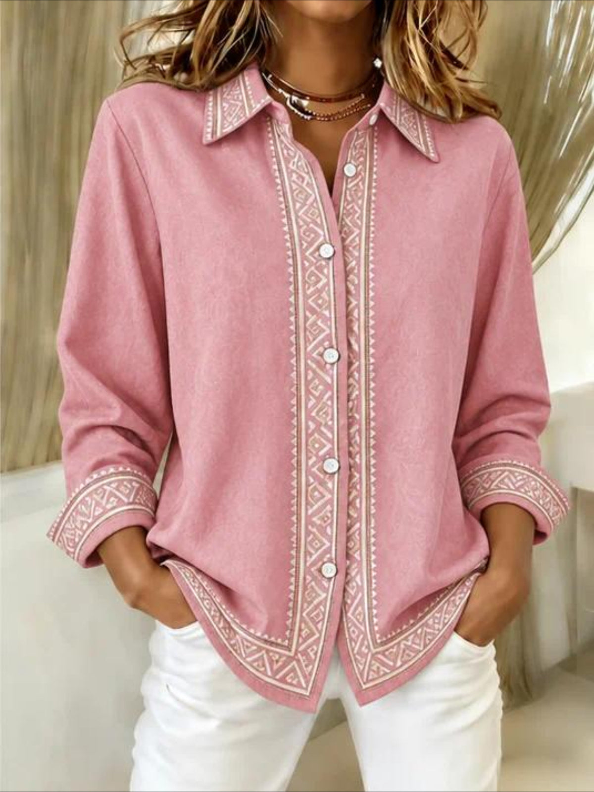 Vintage Geometric Long Sleeve Plain Regular Micro-Elasticity Regular Fit Shirt