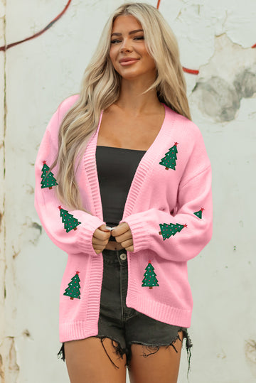 Light Pink Christmas Tree Print Open Front Drop Shoulder Midi Cardigan
