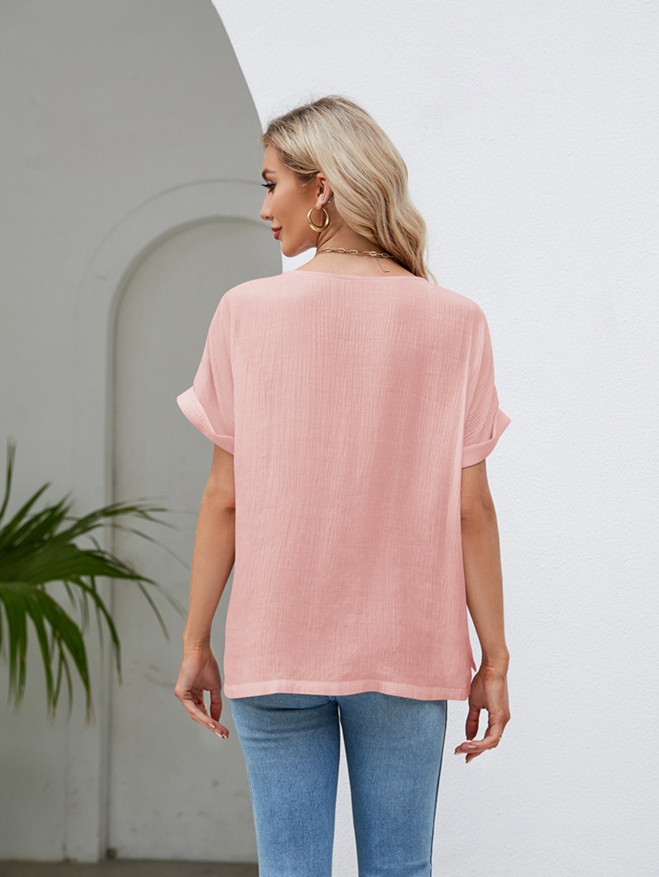 Solid Rolled Short Sleeve T-Shirt, Casual Crew Neck T-Shirt