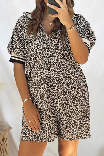 Khaki Leopard Print Zip Neck Striped Webbing Patchwork T Shirt Mini Dress