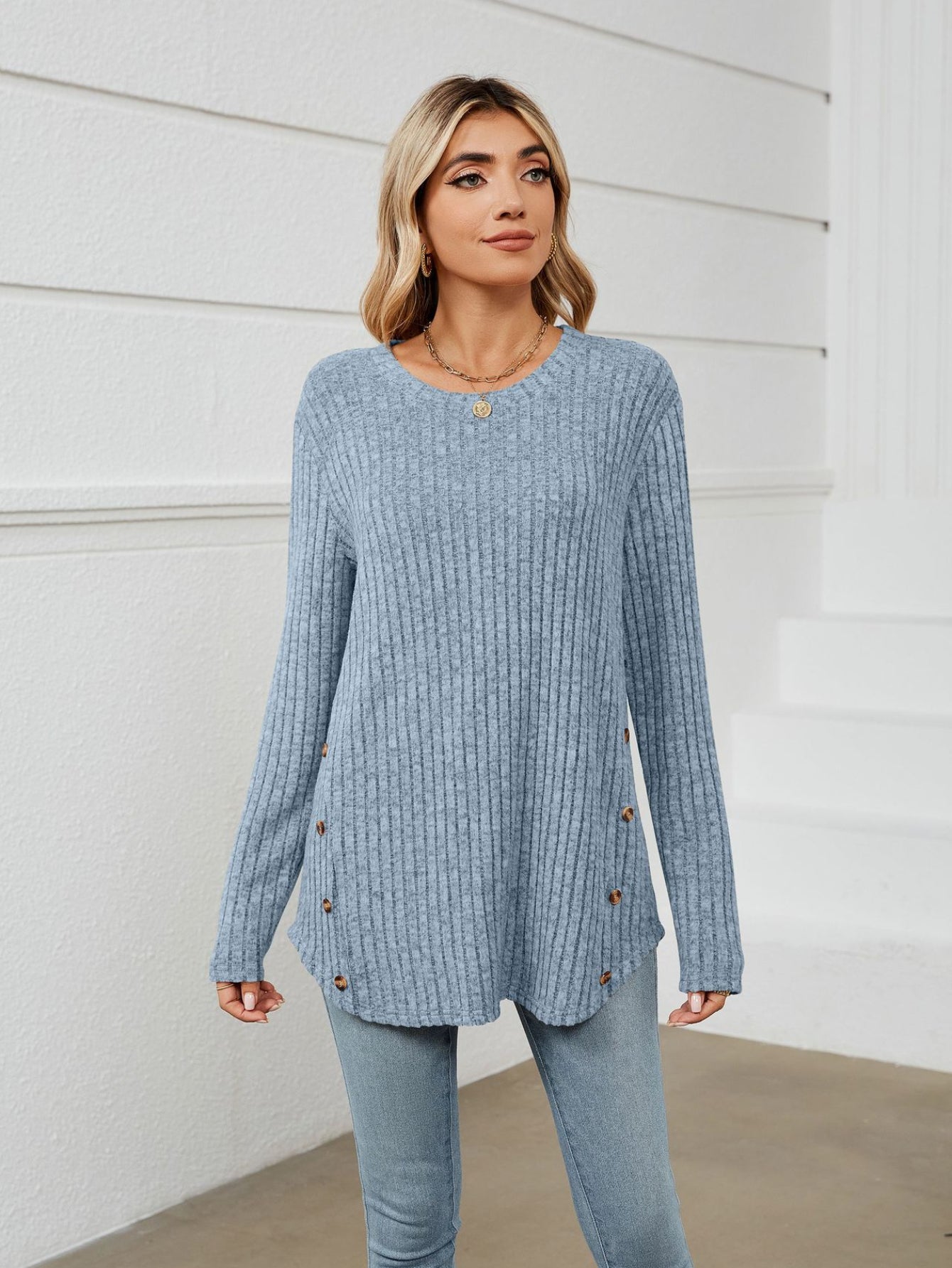 Solid Crew Neck Rib Knit Top, Casual Button Long Sleeve Loose Sweater