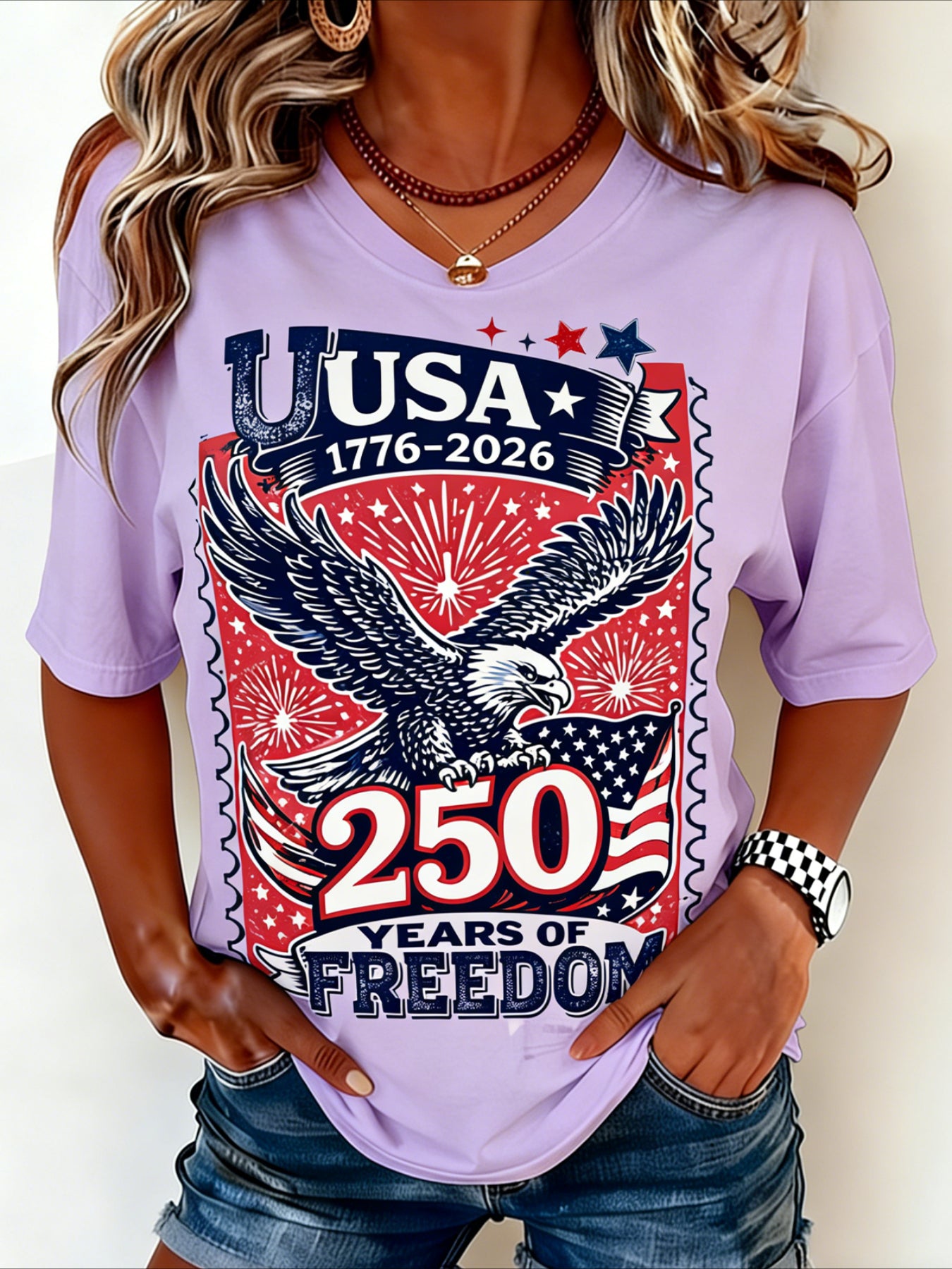 Casual Vintage America 250 Years Printing Crew Neck Short Sleeve T-shirt