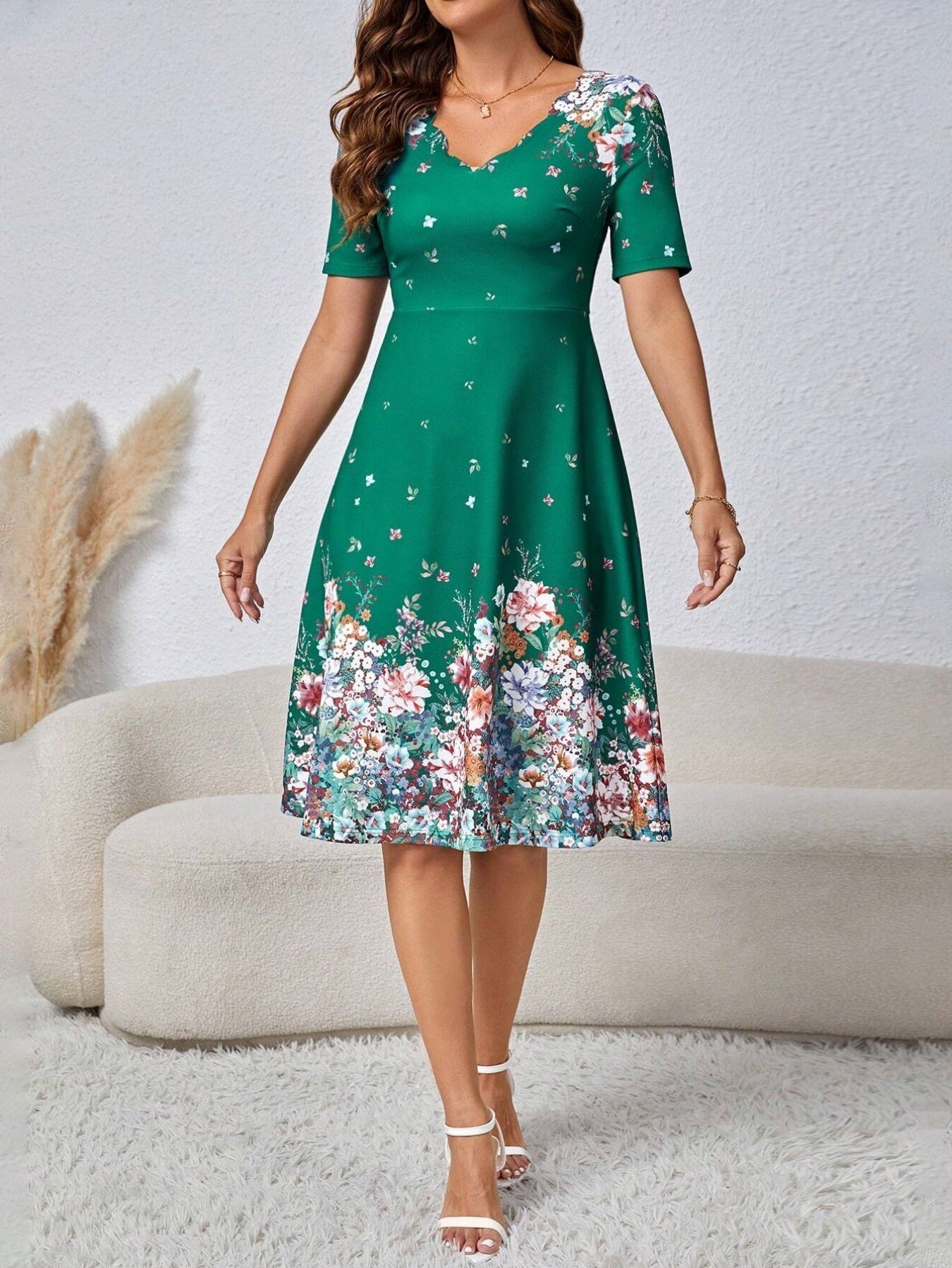 Floral Print V Neck Dress, Elegant Short Sleeve Flared Midi Dress