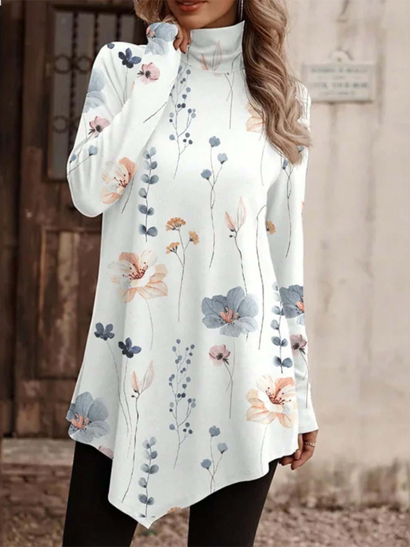 Ethnic Floral Print High Neck Tunics, Boho Long Sleeve Tunic Tops