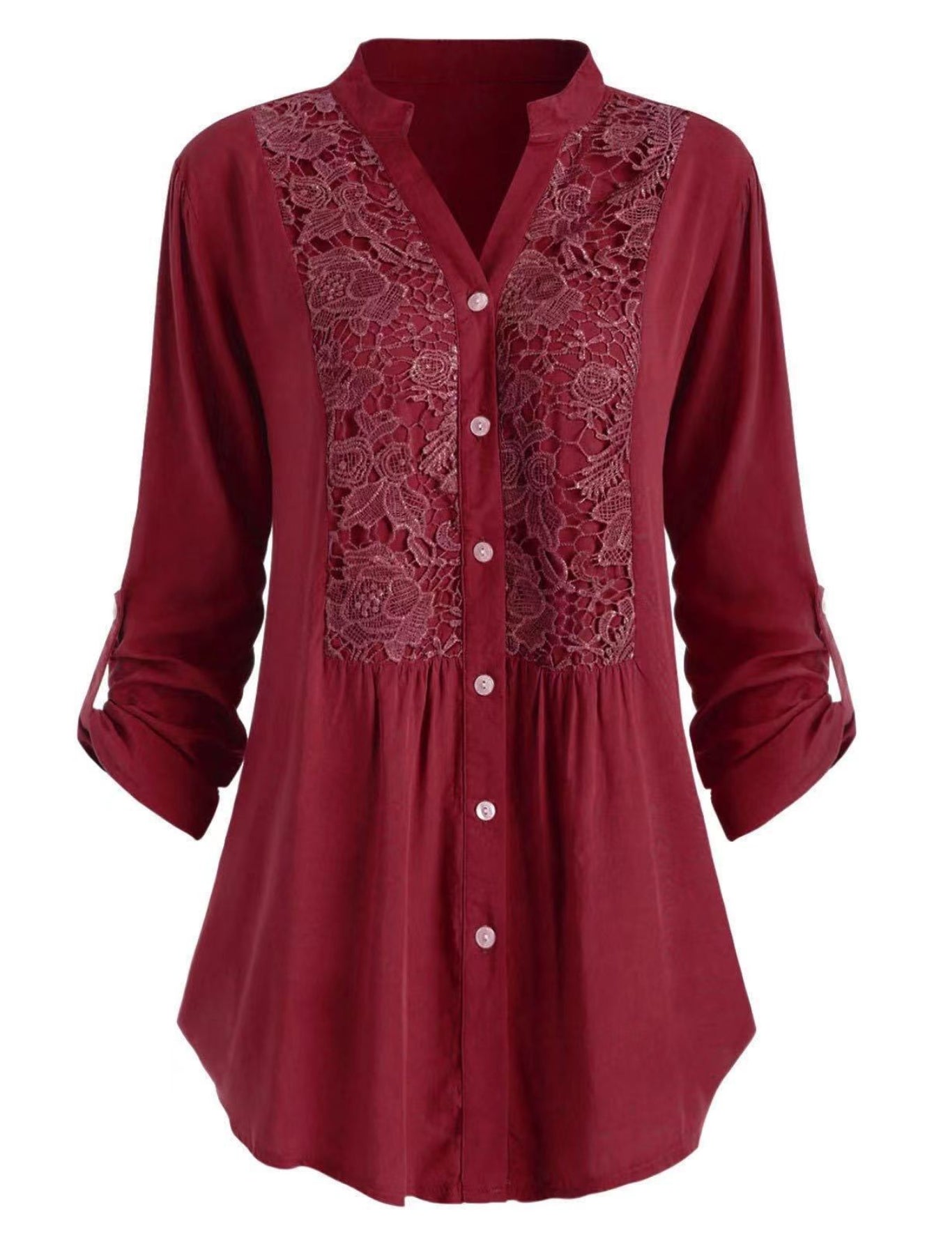 Vintage Lace Splicing Button Front Blouse - Half Sleeve Notched Neck Top