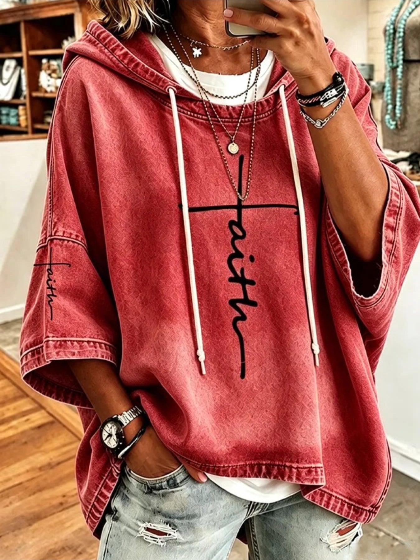 Casual Faith Cross Print Denim-Look Hoodie