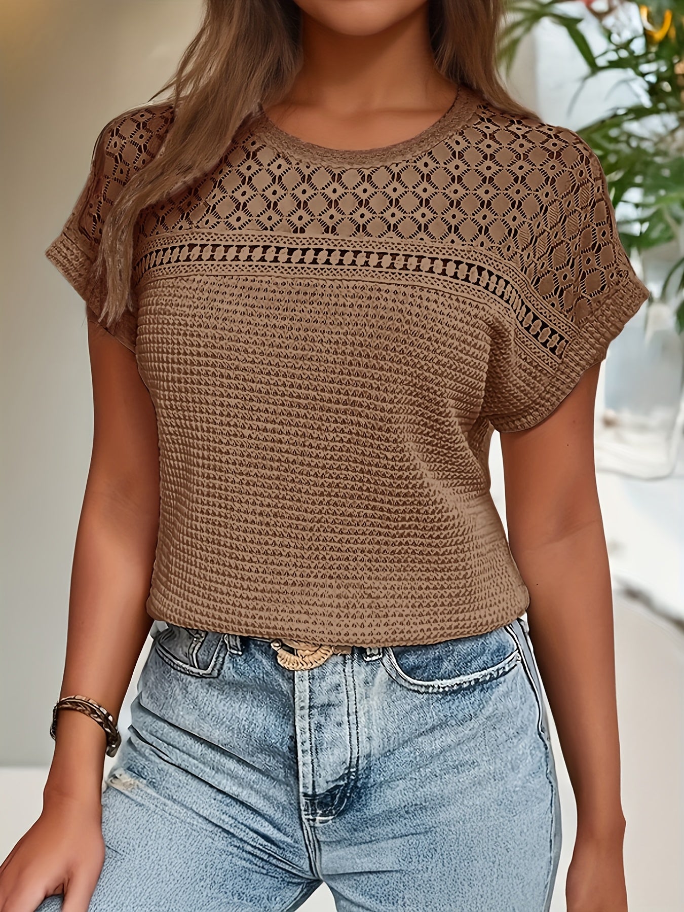 Casual Crew Neck Waffle Loose Solid Color Tops