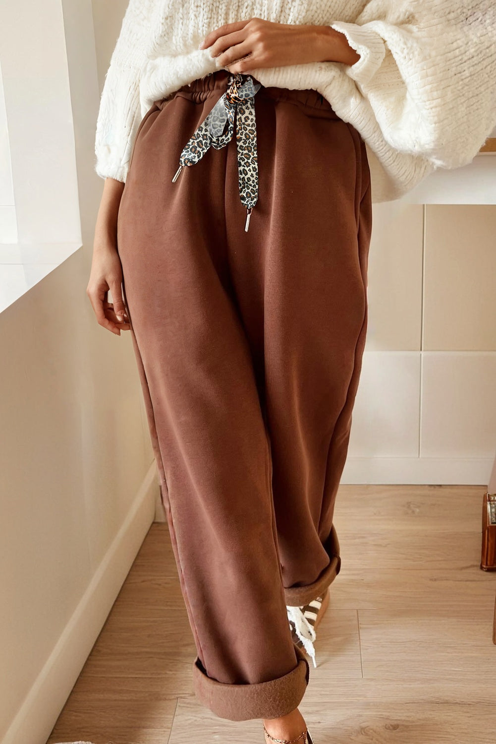Dear Lovers Coffee Fleece Lined Leopard Drawstring Elastic Waist Solid Pants