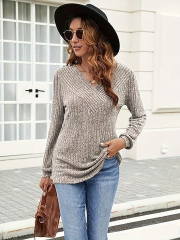 Ribbed Knit V Neck Sweater, Casual Long Sleeve Sweater