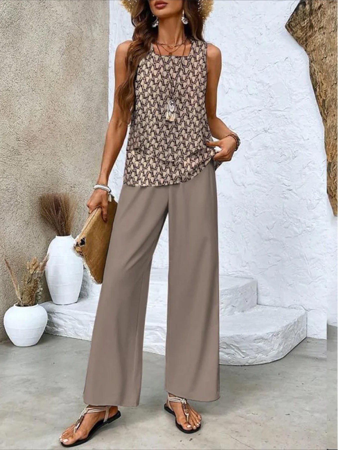 Crew Neck Sleeveless Layered Tank Top & Wide Leg Pants