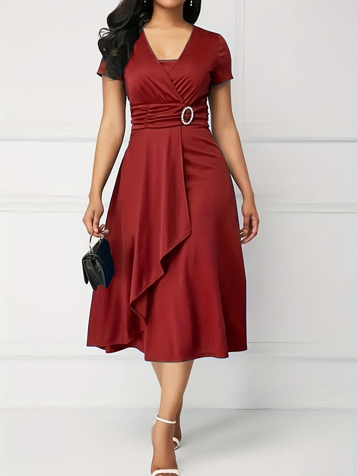 Elegant Skinny Rhinestoned Dress, Asymmetrical Hem Tie Waist Dress