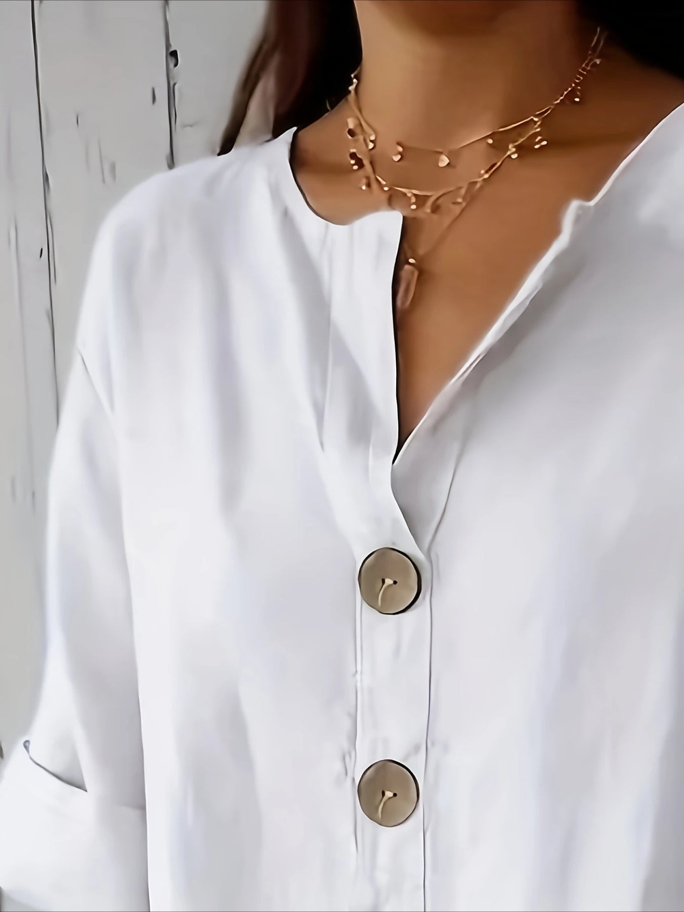 V-Neck Button-Up Solid Color Short Sleeve Loose Fit Short Sleeve Shirt