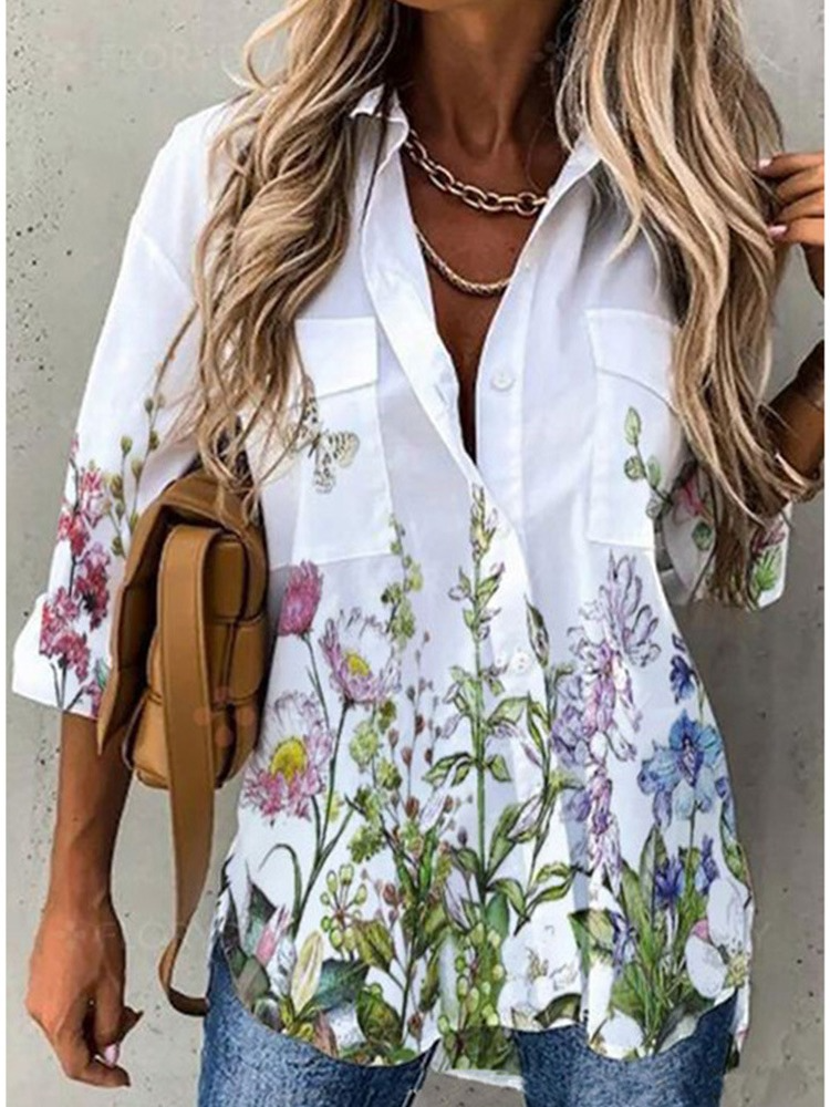 Turn-down Collar Button Short Sleeve Casual Blouses Tops