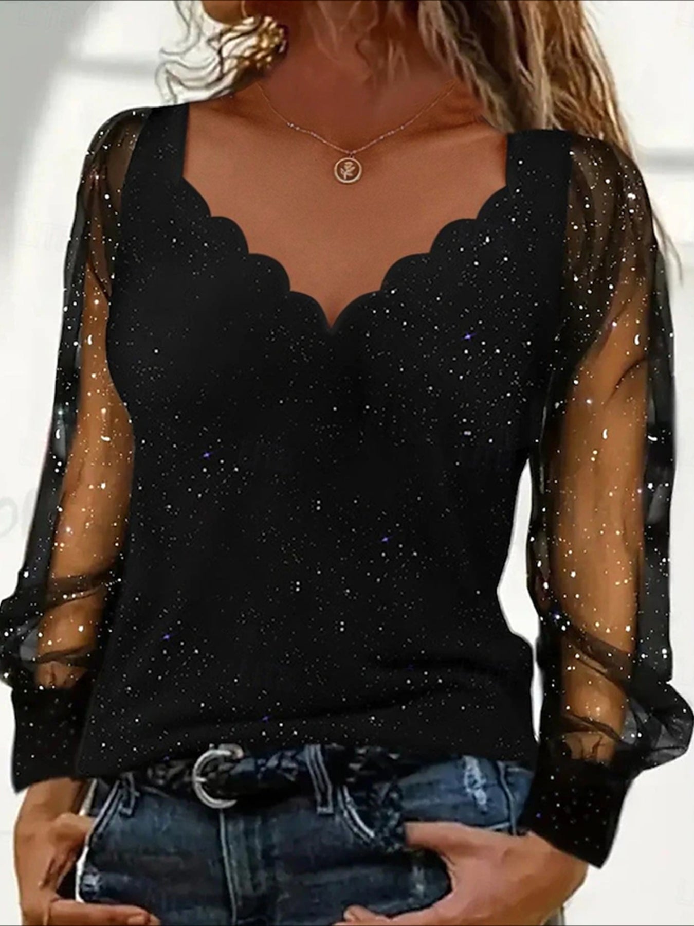 Sexy V-Neck Sequin Mesh Splicing Long Sleeve T-Shirt Casual Party Top