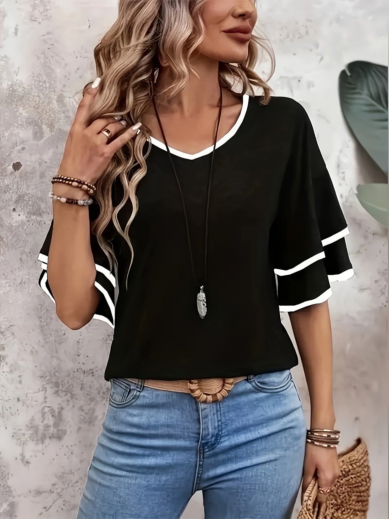 V-Neck Ruffle Sleeves T-Shirt