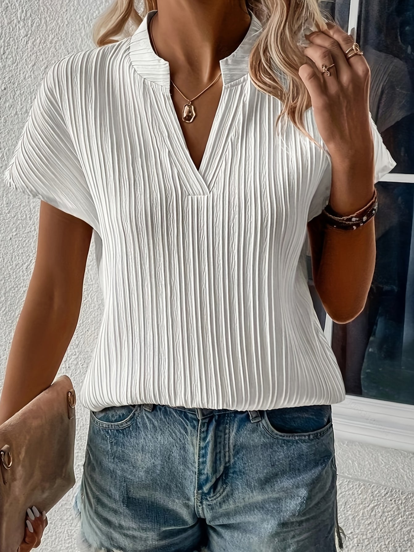 Ribbed Short Sleeve with Notched Neck and Slight Stretch for Women