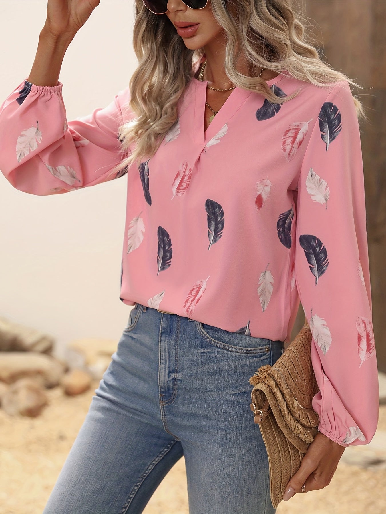 Feather Printed V-neck Loose Shirts, Casual Long Sleeve Fashion Shirts