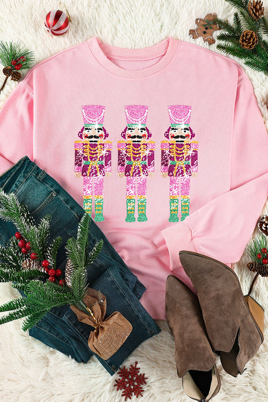 Pink Christmas Sequined Neon Nutcrackers Crewneck Sweatshirt