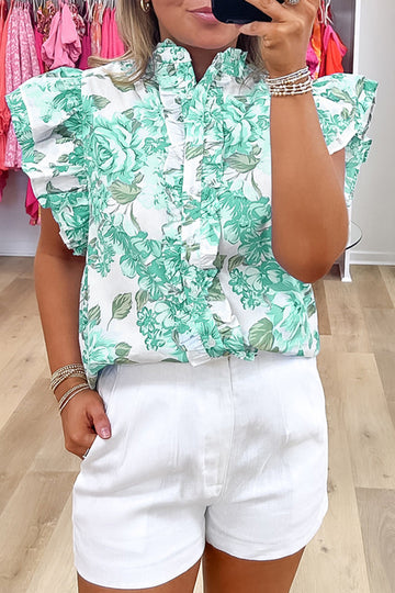 Green Floral Print Ruffle Sleeve Frilly Button Up Shirt