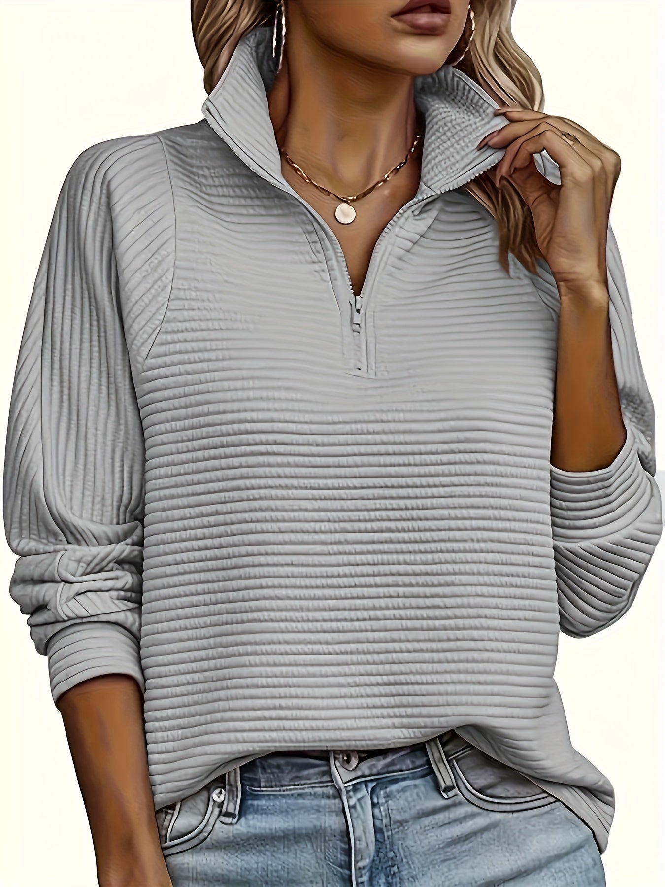 Long Sleeve Solid Color Funnel Neck Zipper Textured Sweatshirt - Soft Non-Stretch Polyester Fabric, Regular Fit, Half Placket, Casual Style