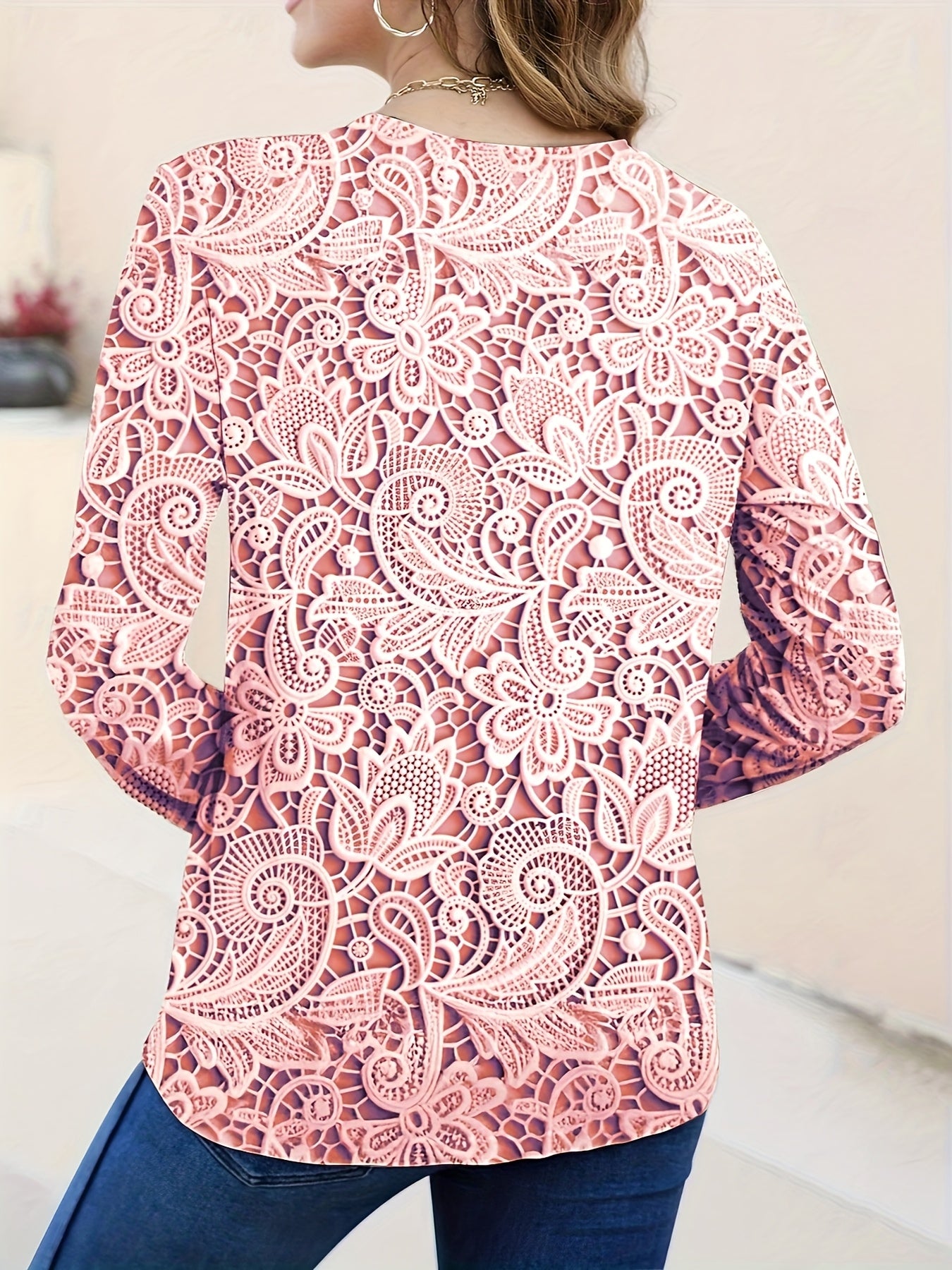 Elegant Floral Print High-Stretch Round Neck Long Sleeve Top