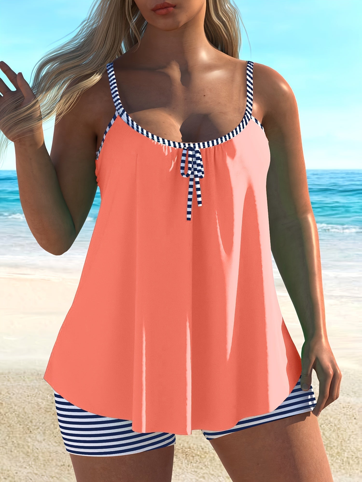 Women's Striped Spaghetti Strap Tankini Swimsuit Set, Two-Piece Swimwear With Boxer Short Bottom, Beachwear