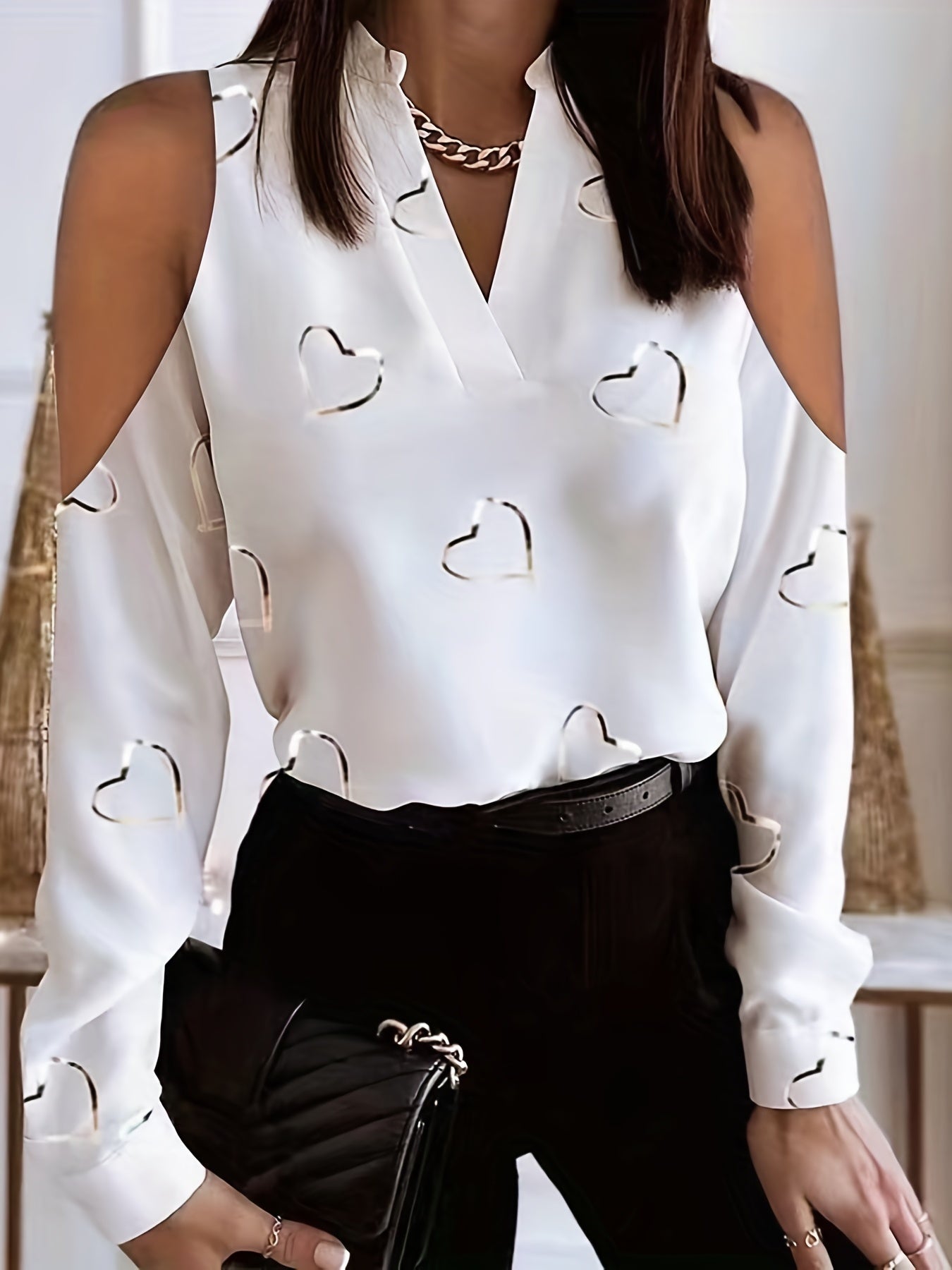 Heart Print Cold Shoulder Blouse, Casual V Neck Long Sleeve Blouse