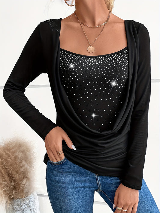 Rhinestone Print Faux Twinset Ruched T-Shirt, Casual Long Sleeve Top