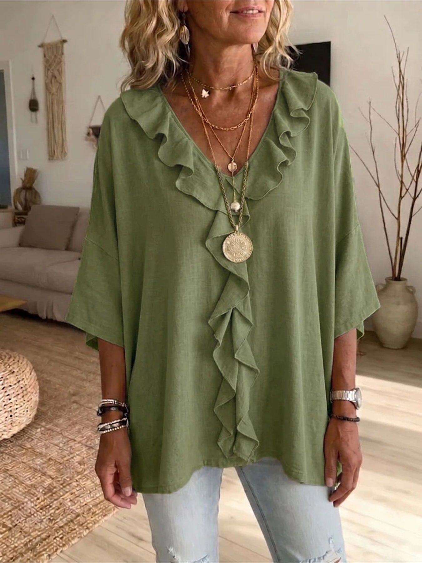 V Neck Casual 3/4 Sleeve Top with Ruffle Edge