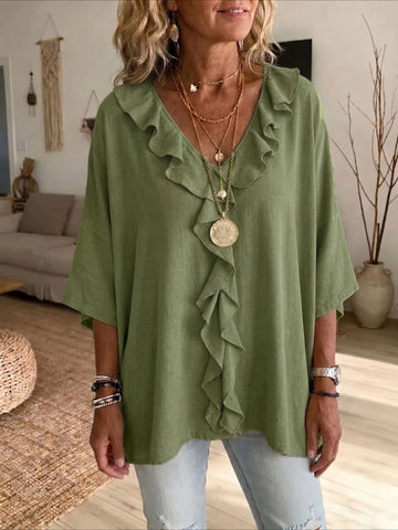 V Neck Casual 3/4 Sleeve Top with Ruffle Edge