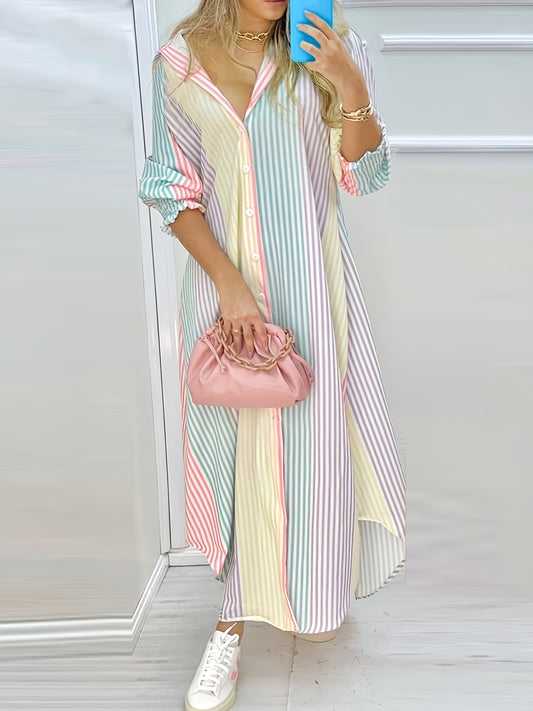 Color Block Striped Shirt Dress, Casual Long Sleeve Button Down Ankle Dress