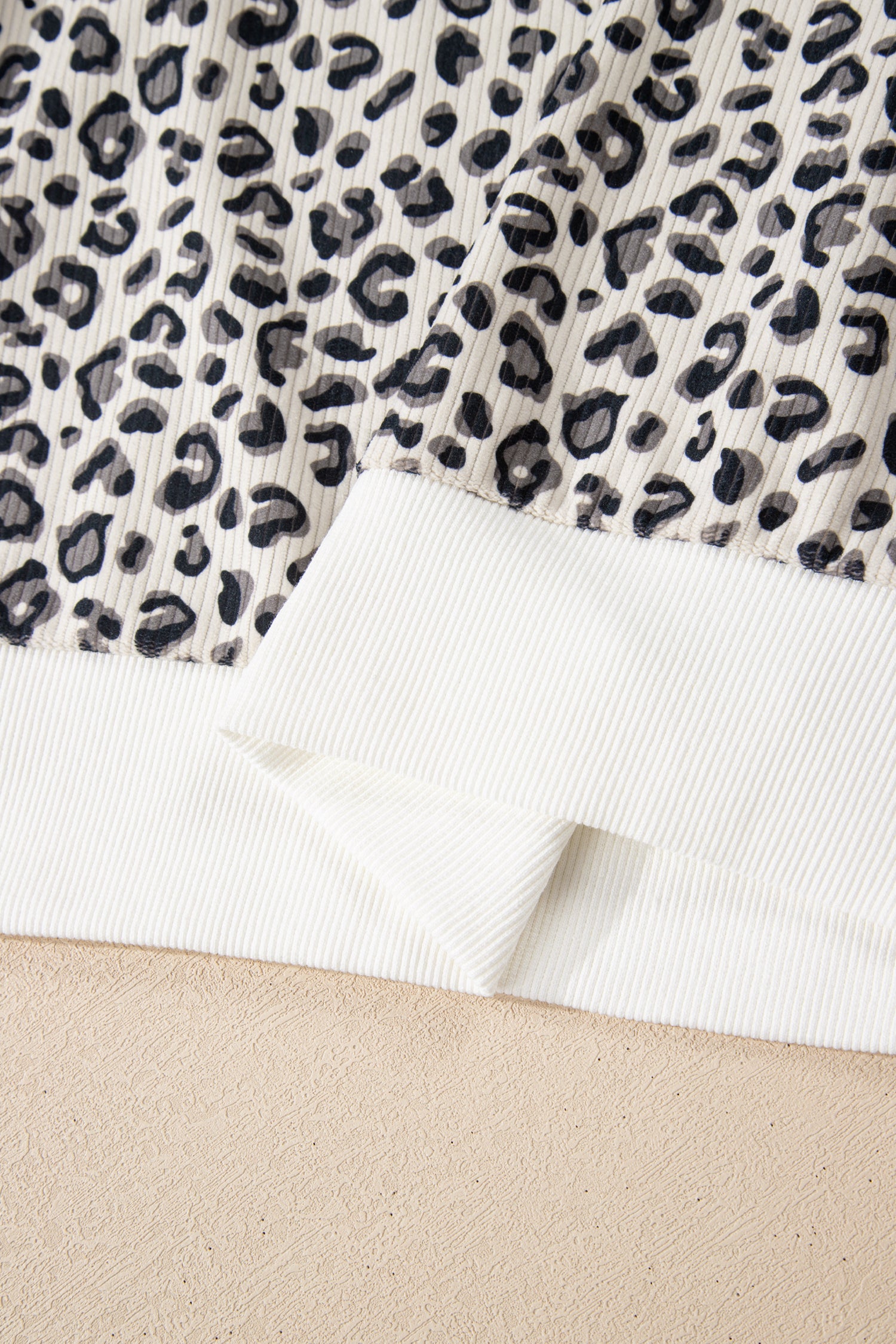 Beige Leopard Print Quarter Zip Corduroy Sweatshirt