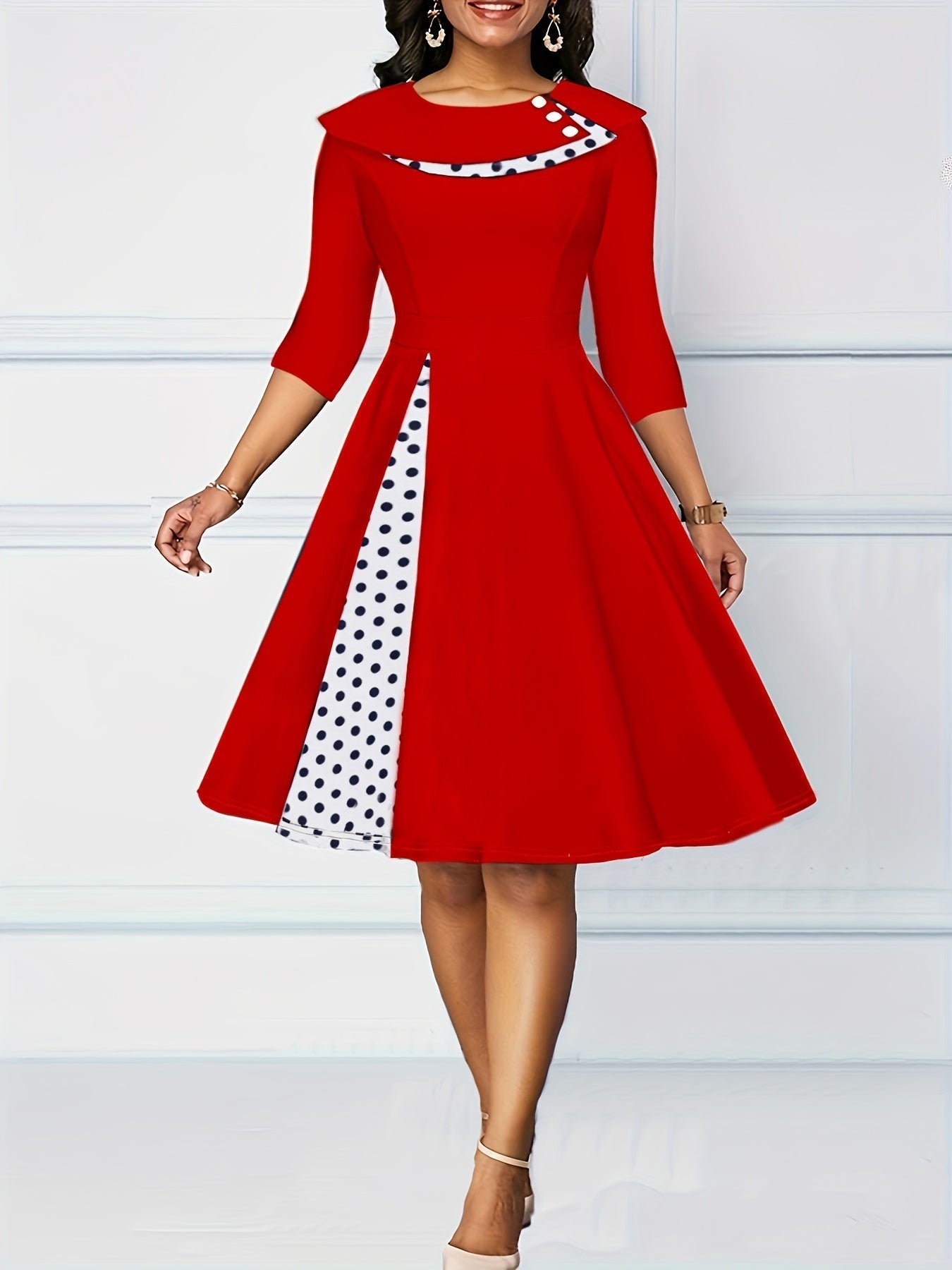 A-line Retro Dress, 3/4 Sleeve Polka Dot Casual Dress