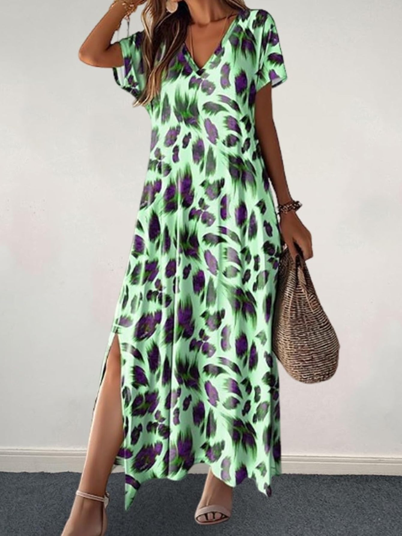 Short Sleeve V Neck A Line Maxi Dress