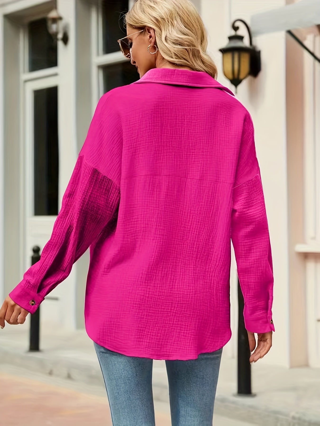 V-neck Loose Lapel Blouses, Casual Pocket Button Down Long Sleeve Fashion Shirts Tops