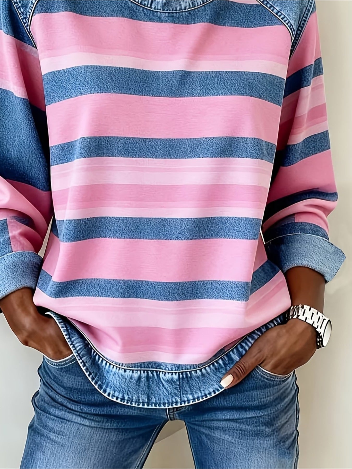 Abstract Stripes Print Patchwork Denim Crewneck Long-Sleeved Sweatshirt