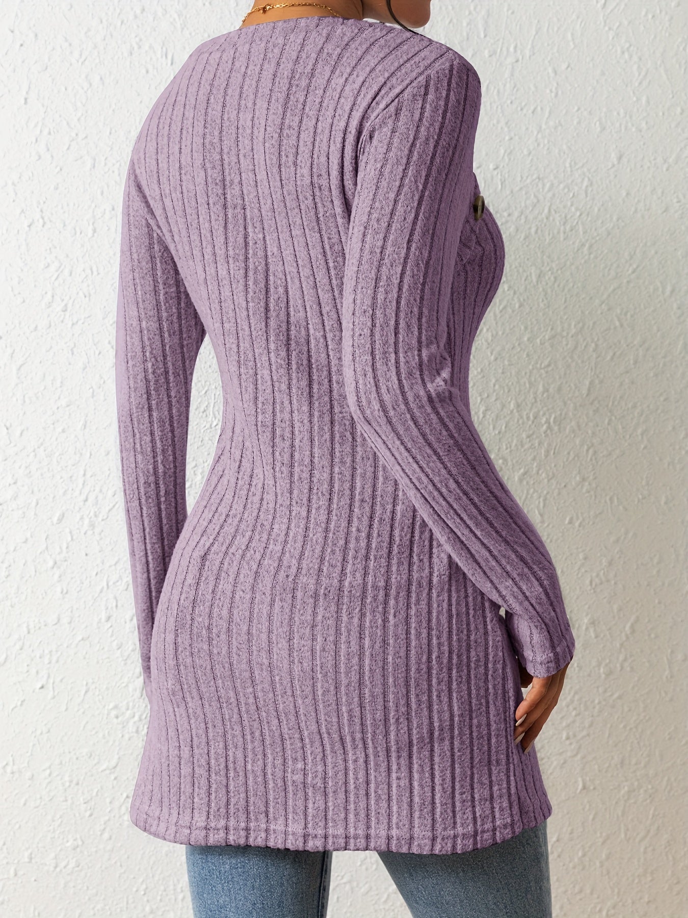Button Decor Asymmetrical Hem T-Shirt, Casual Ribbed Long Sleeve Top