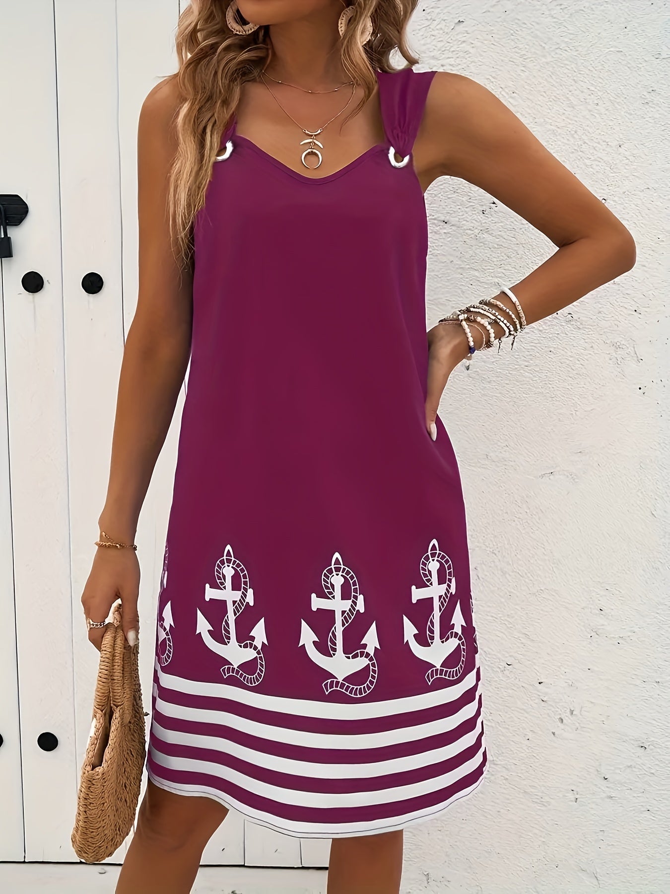 Floral & Striped Print Sleeveless V-Neck Dress