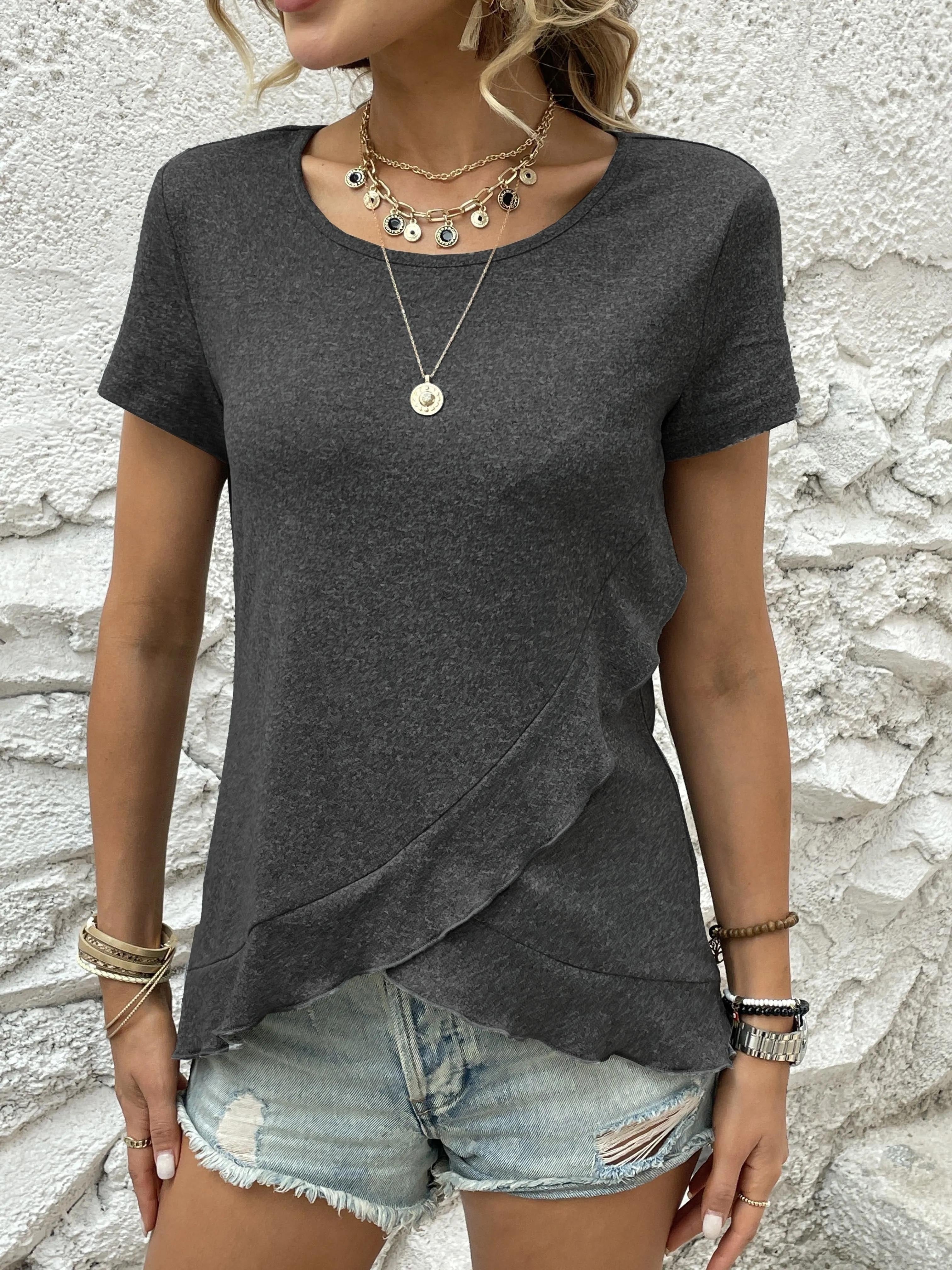 Asymmetrical Ruffle Hem T-Shirt, Casual Crew Neck Short Sleeve T-Shirt