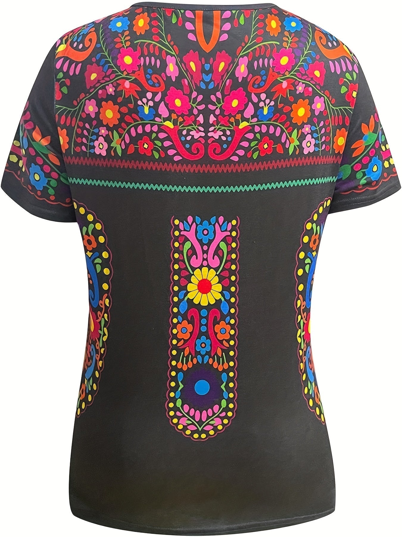 Floral Print Ethnic T-shirt, Boho Crew Neck Short Sleeve Summer T-shirt