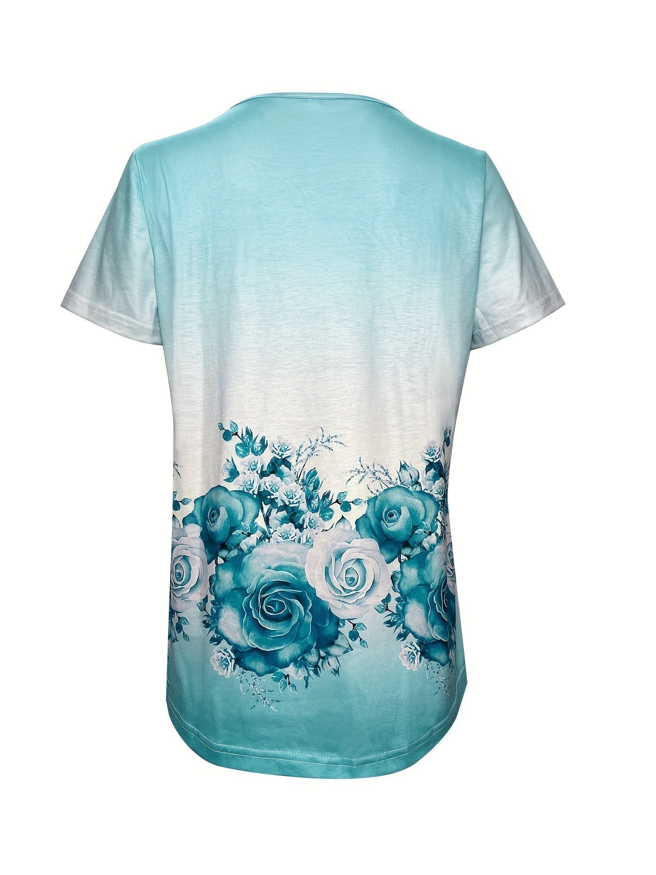 Floral Print T-Shirt, Casual Ombre Square Neck Short Sleeve T-Shirt