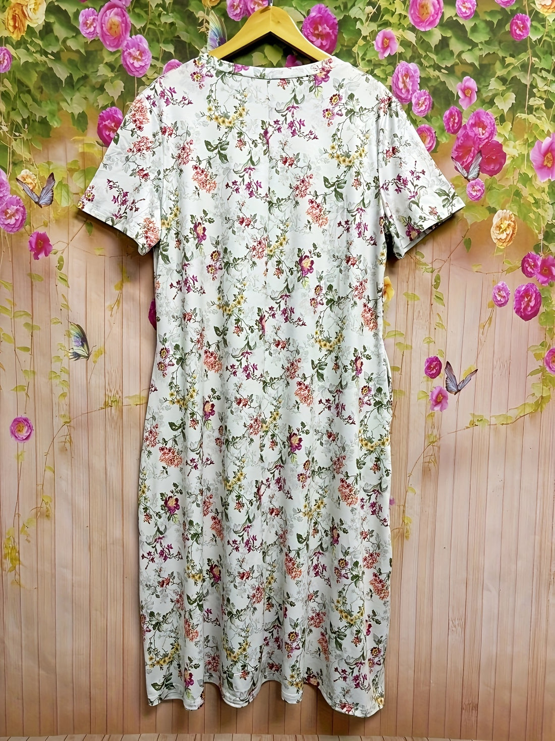 Floral Print Pintuck Dress, Vacation Style Pocket Short Sleeve Crew Neck Midi Dress