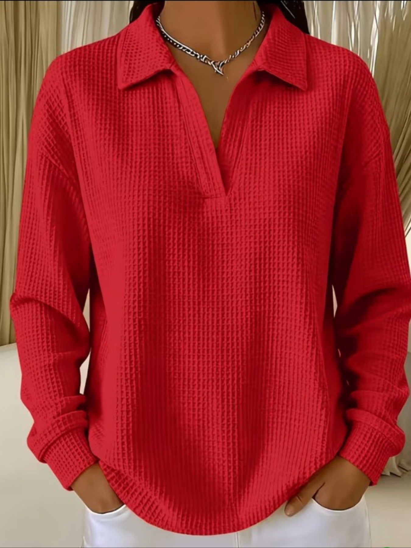 Waffle Lapel Neck Long Sleeve Polo Top