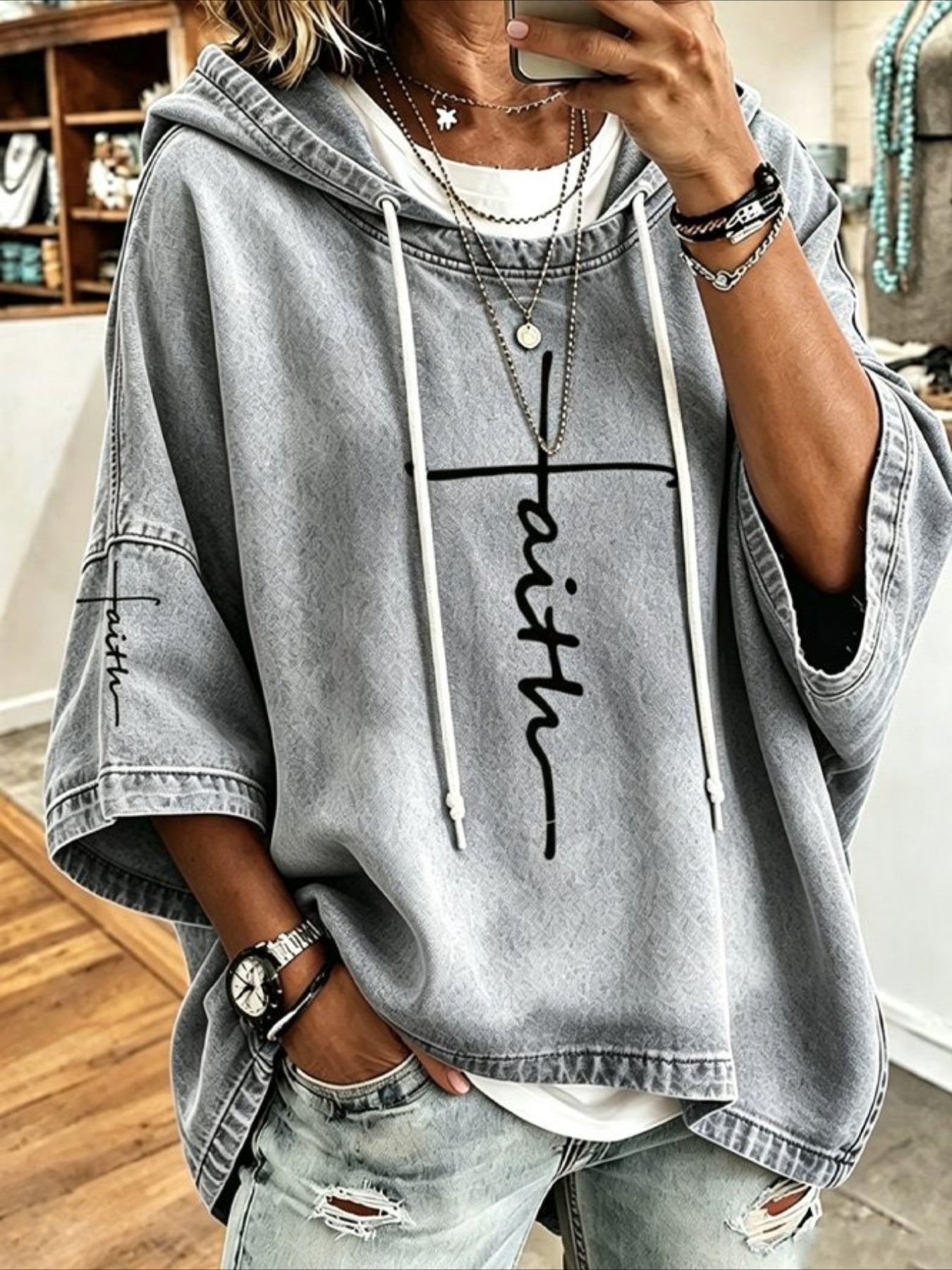 Casual Faith Cross Print Denim-Look Hoodie