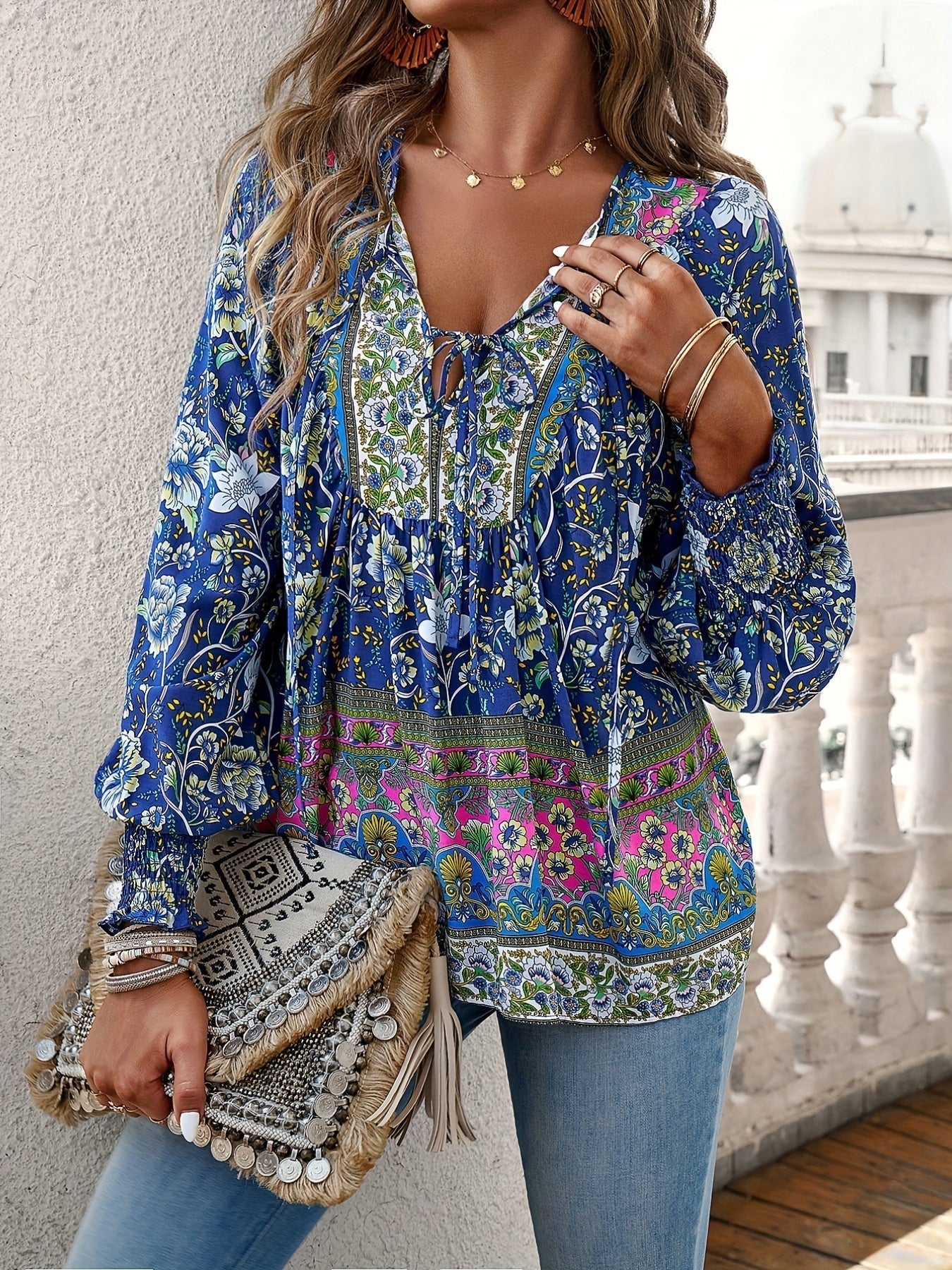 Drawstring Long Sleeve Casual Floral Print V Neck Blouse