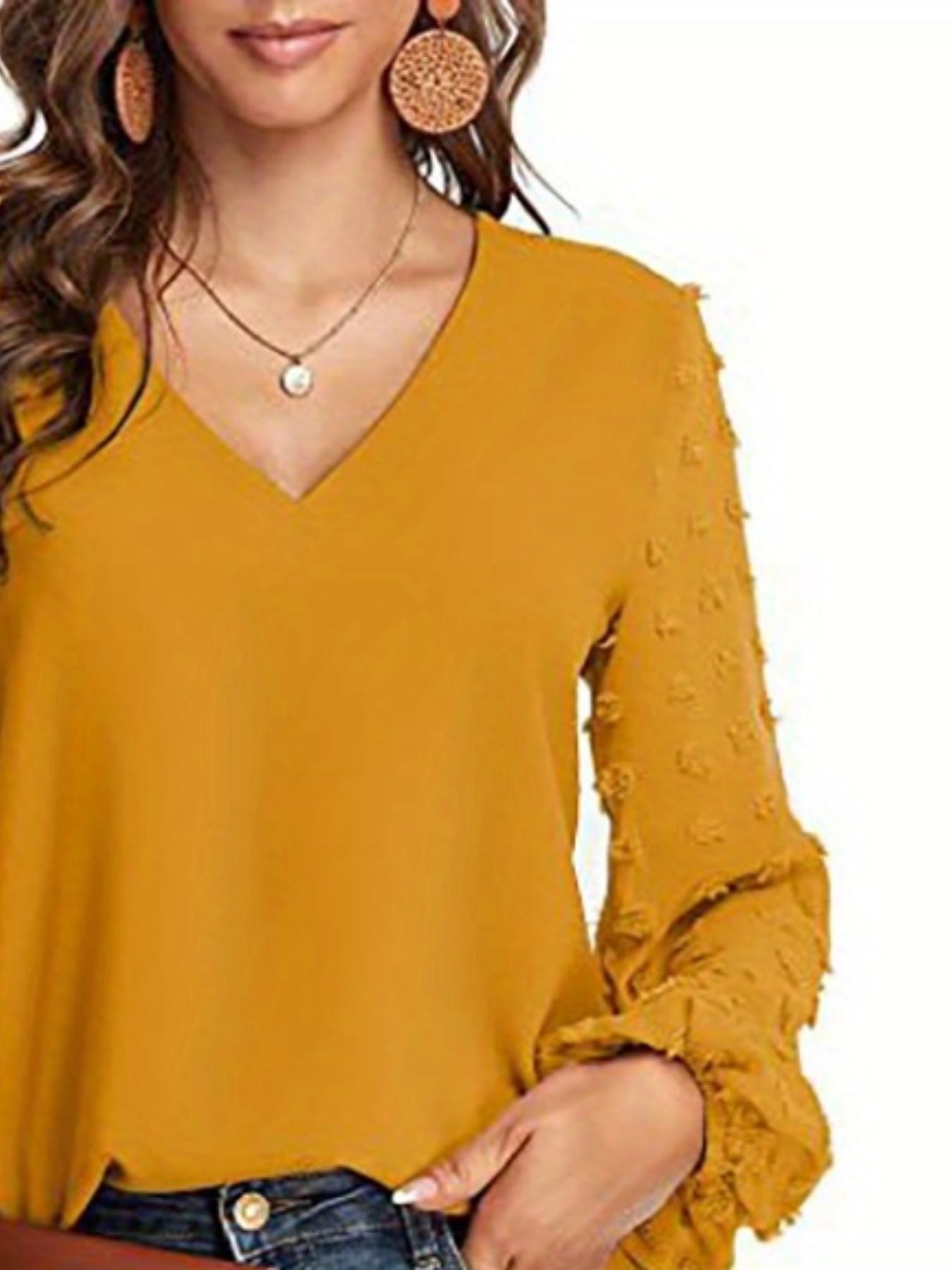 Swiss Dot Sleeve Shirt, Casual V Neck Solid Shirt