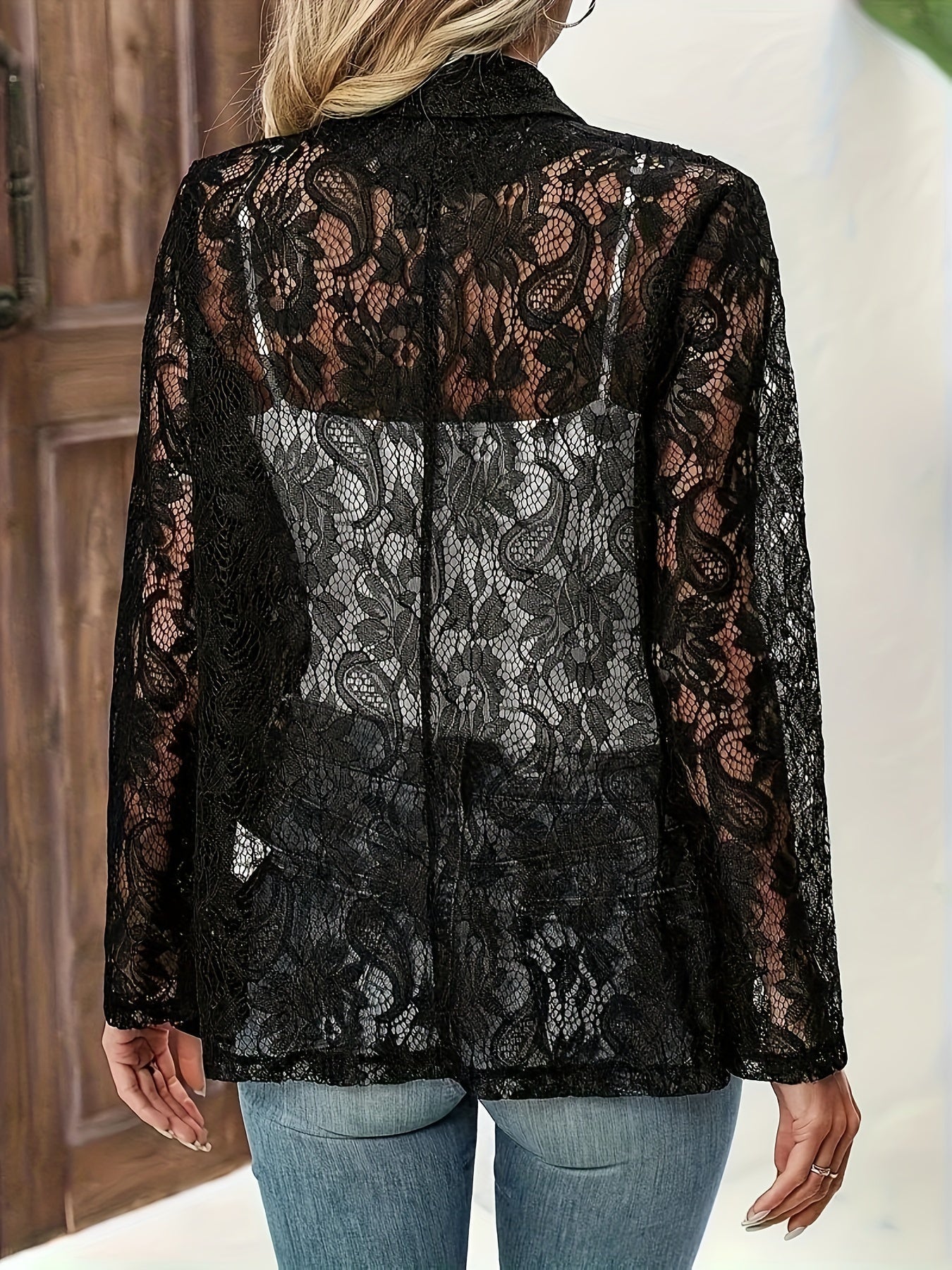 Floral Pattern Open Front Blazer, Elegant Long Sleeve Outerwear