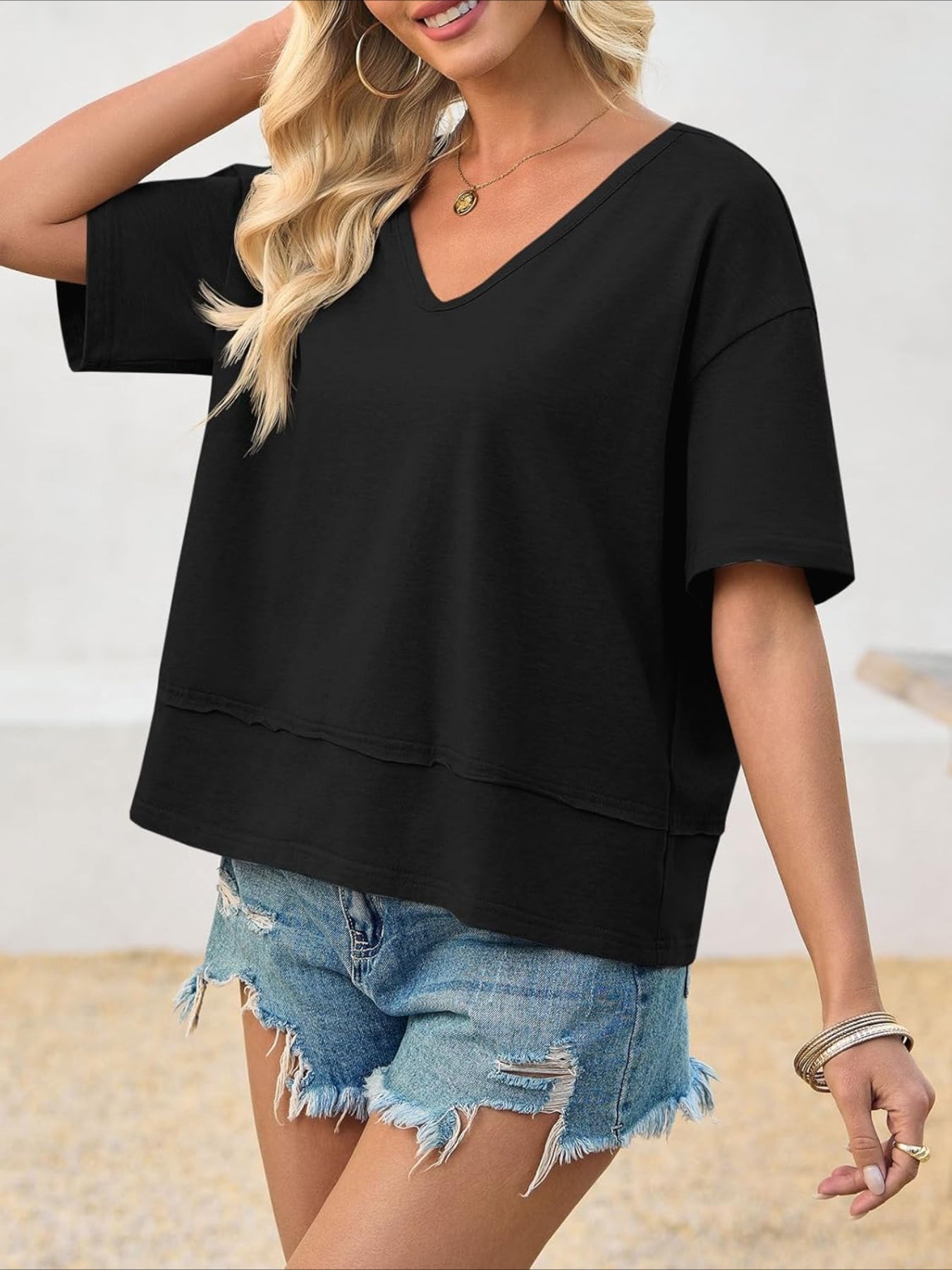 V Neck Casual Short Sleeve Flowy Cute Loose Fit Basic Tees